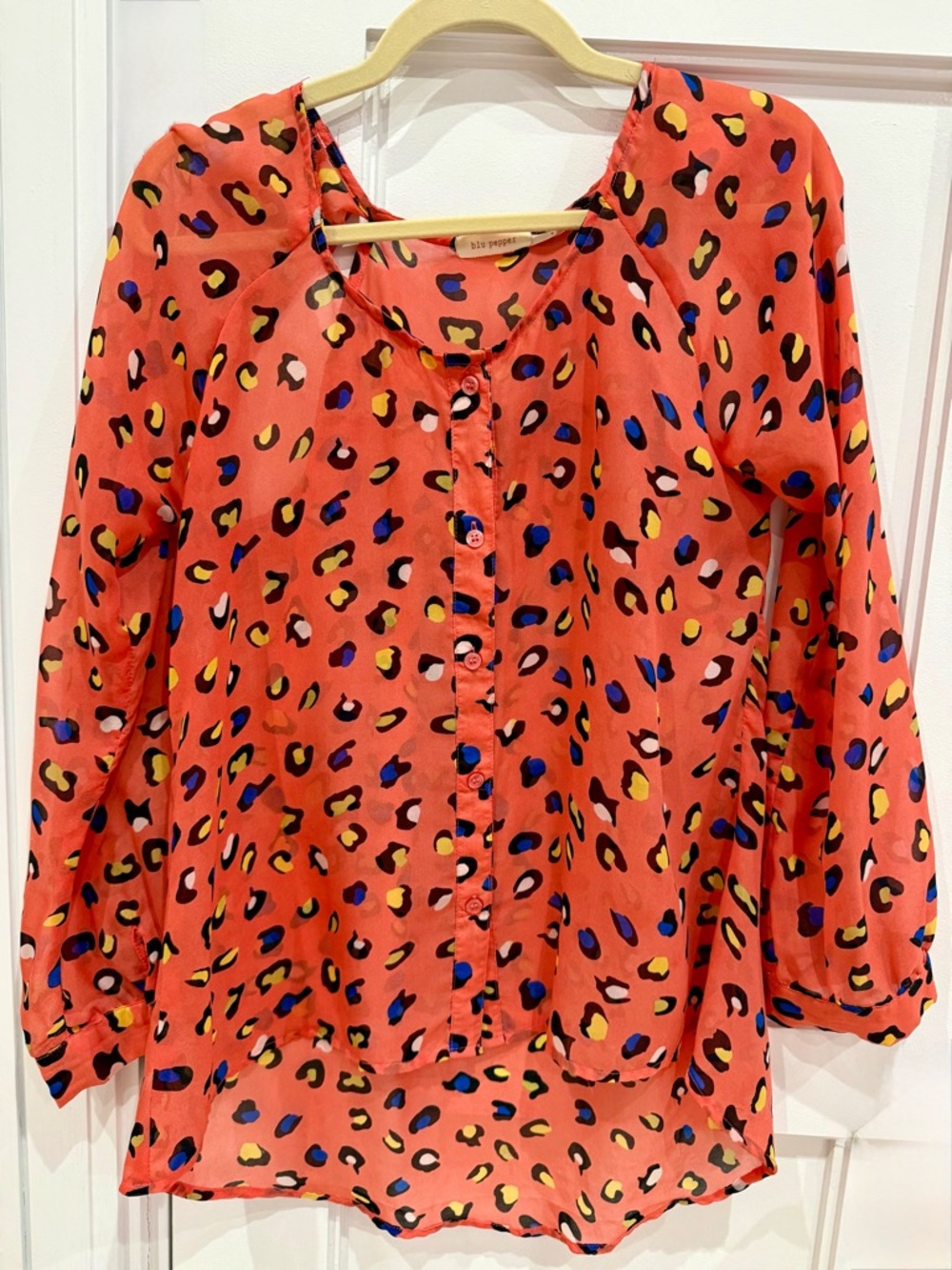 Blu Pepper Coral Button-Front Leopard Print Blouse with Blue & Yellow Spots